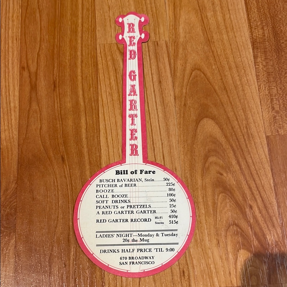Vintage 1960s Red Garter Menu NIGHT CLUB SAN FRANCISCO 1960S DRINK MENU Banjo 🪕